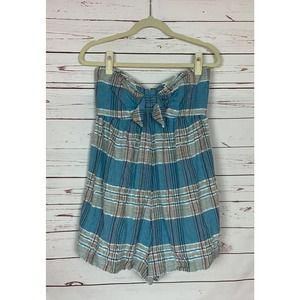 Free People Women's M Medium Blue Plaid Boho Strapless Barbara Babydoll Romper